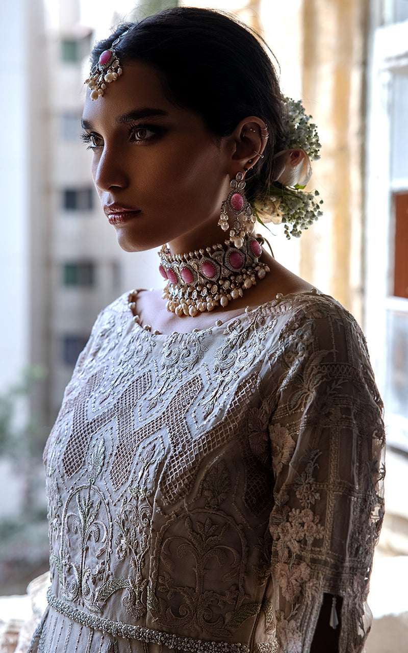 Tea Pink Zari & Threadwork Organza Bridal Gown (2-Piece) - Image 3