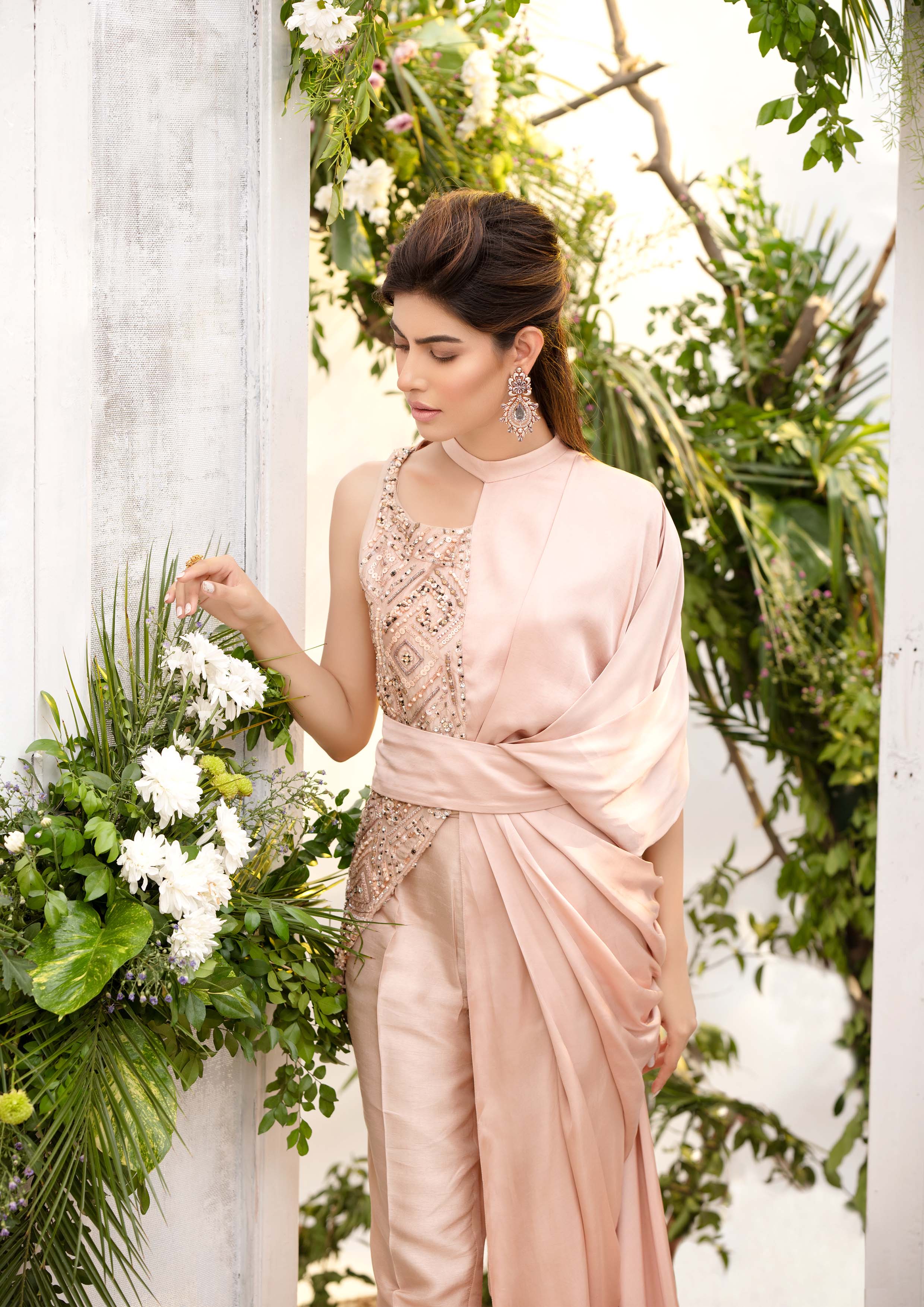 Pakistani Blush Pink Embellished Pure Silk Drape Gown (2-Piece) - Image 3
