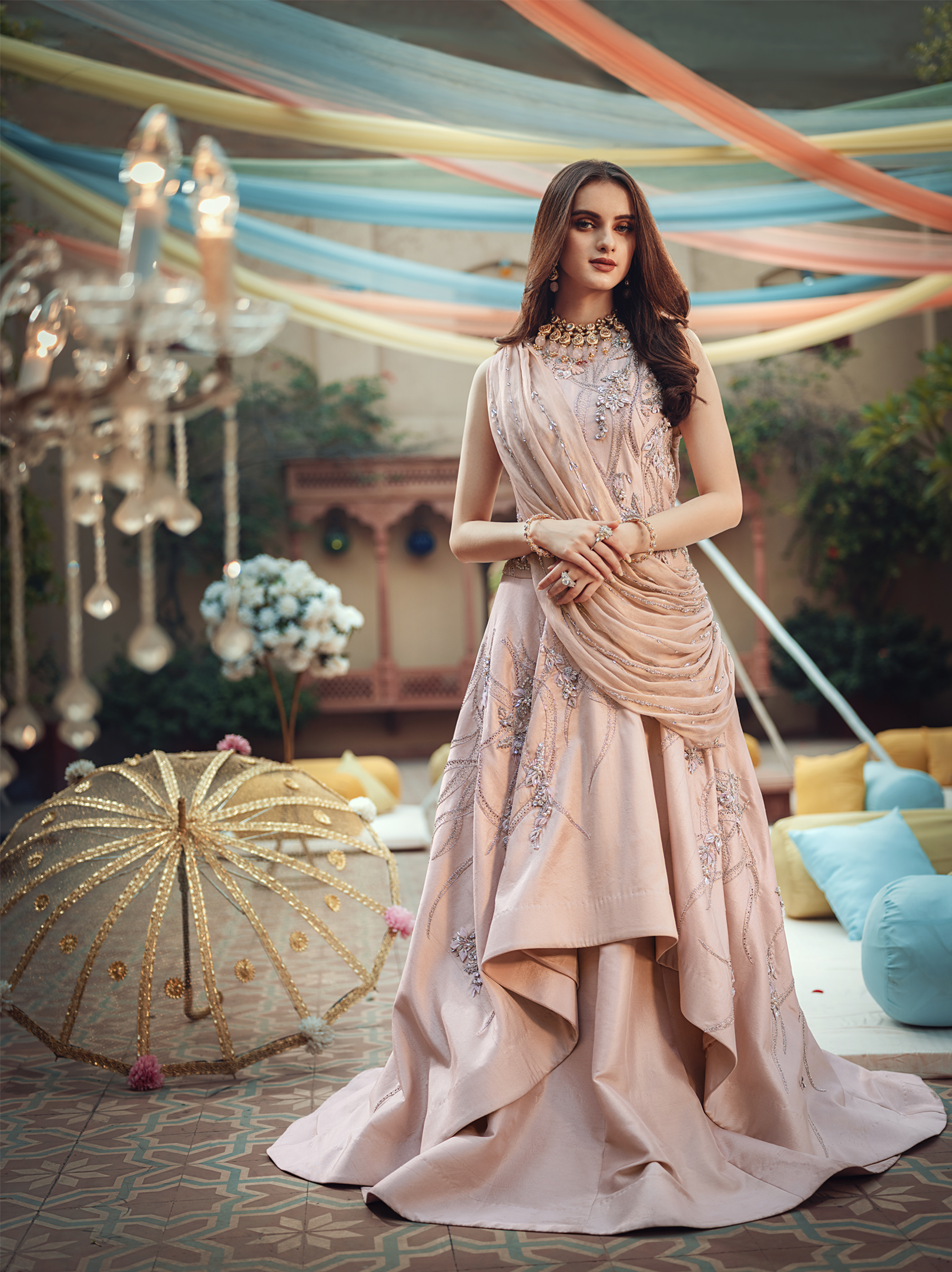 Pakistani Dusty Pink 3D Crystal Raw Silk Gown (1-Pc) - Image 1