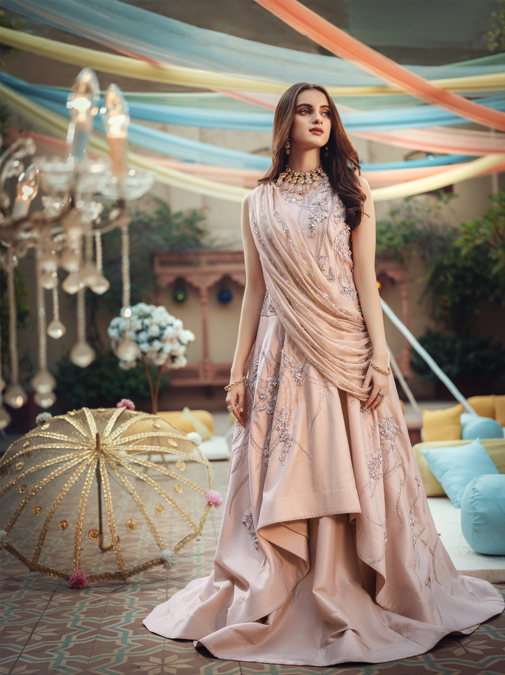 Pakistani Dusty Pink 3D Crystal Raw Silk Gown (1-Pc) - Image 2
