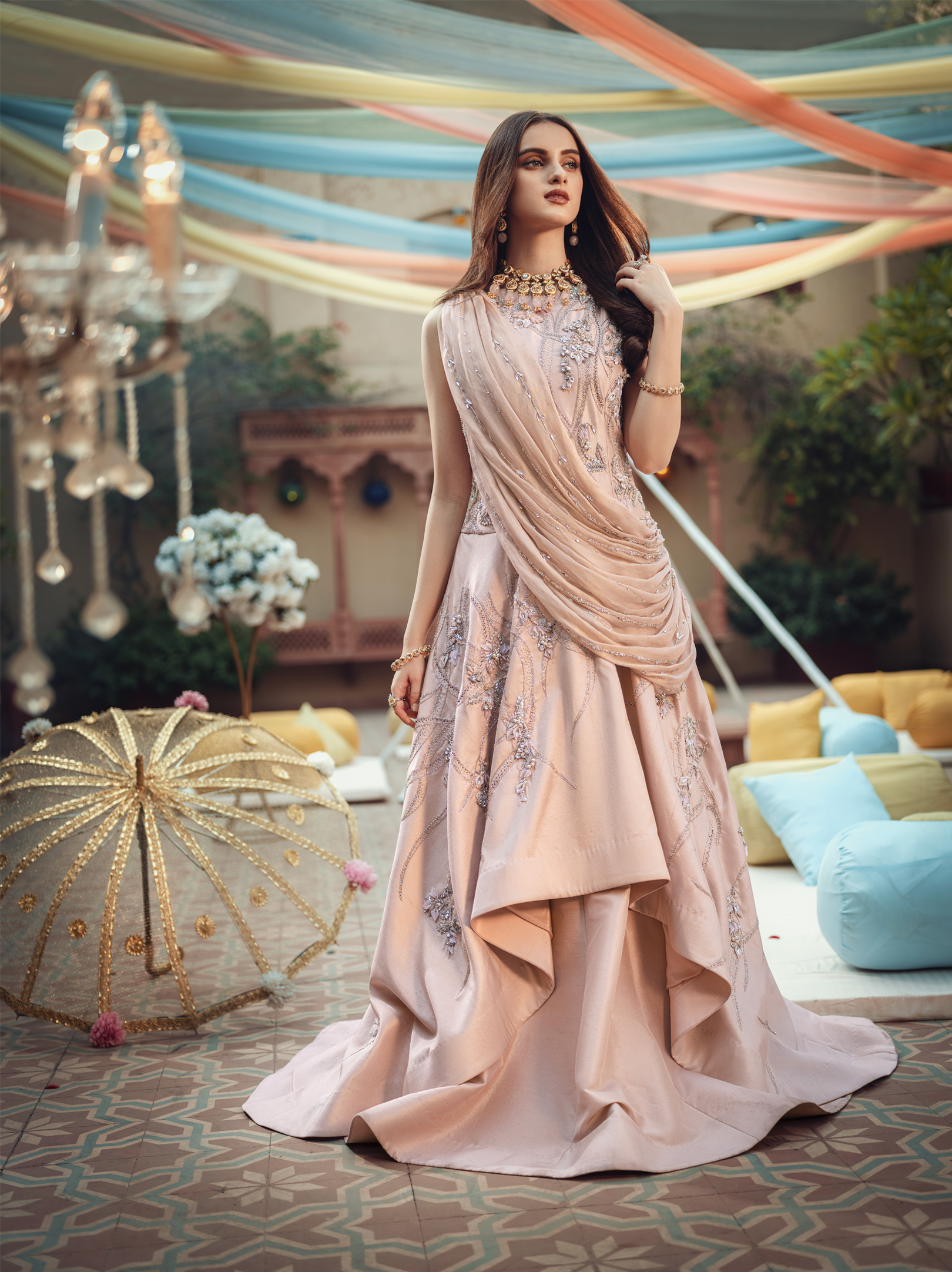 Pakistani Dusty Pink 3D Crystal Raw Silk Gown (1-Pc) - Image 3