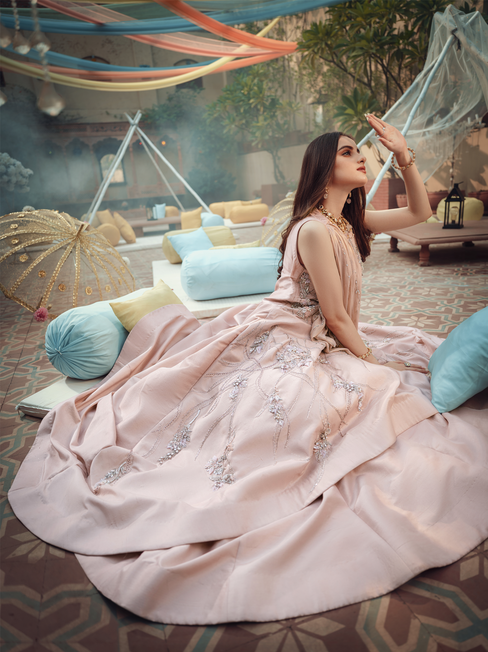 Pakistani Dusty Pink 3D Crystal Raw Silk Gown (1-Pc) - Image 5