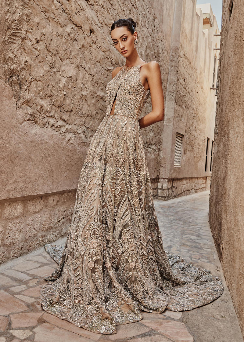 Indian Nude Peach Embellished Net Gown with Lehanga (3-Piece) - Image 1