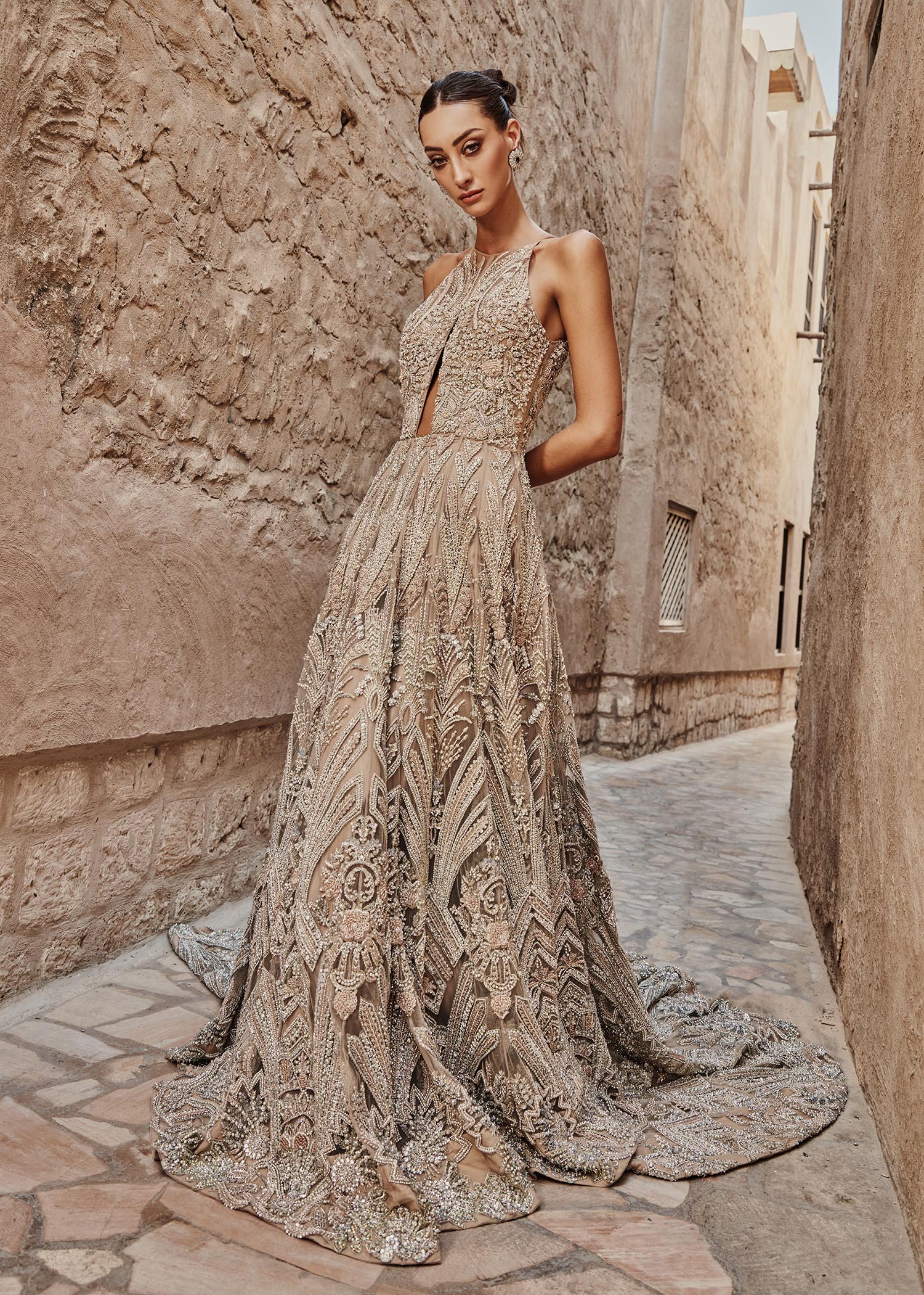 Indian Nude Peach Embellished Net Gown with Lehanga (3-Piece) - Image 2