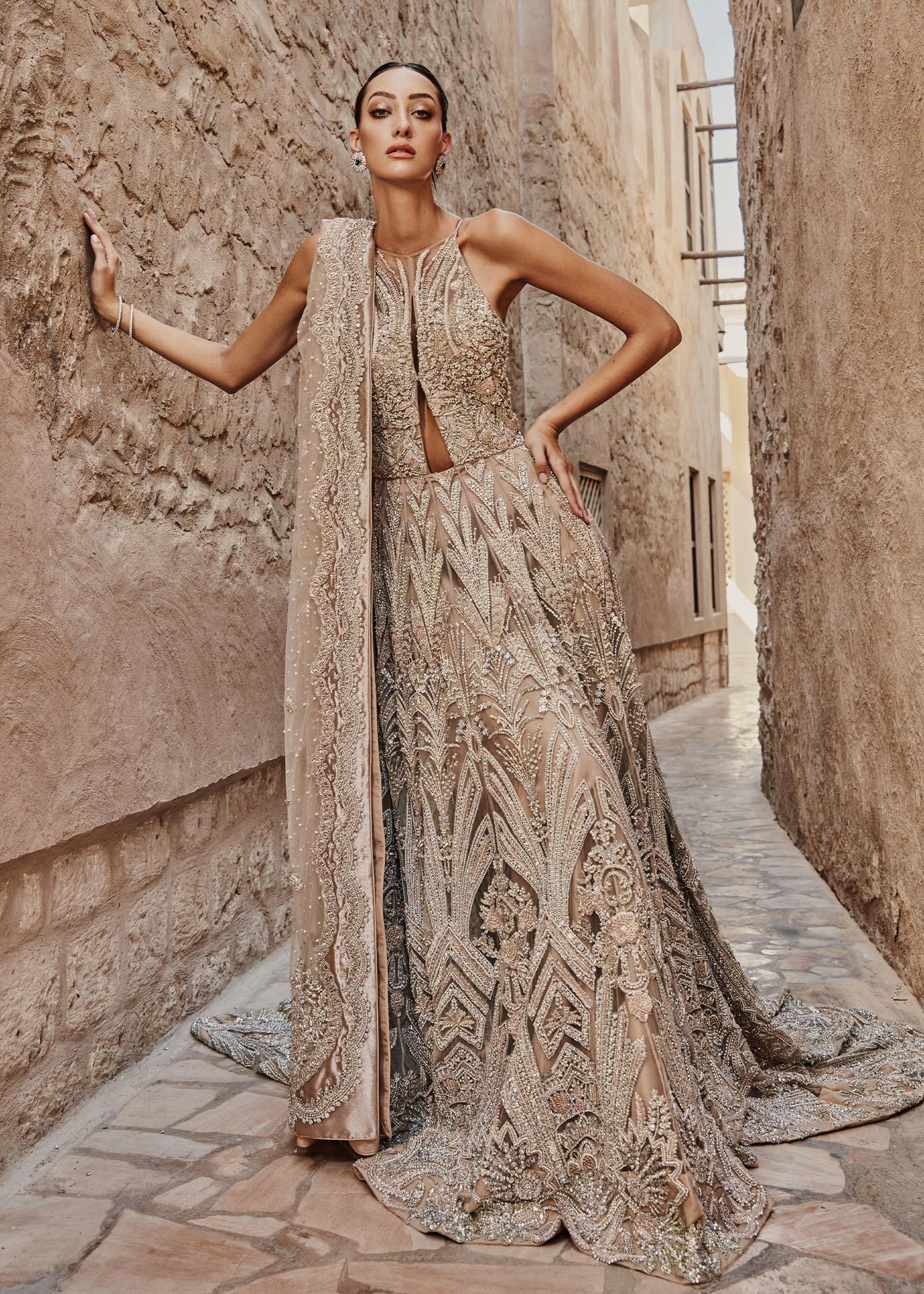 Indian Nude Peach Embellished Net Gown with Lehanga (3-Piece) - Image 4
