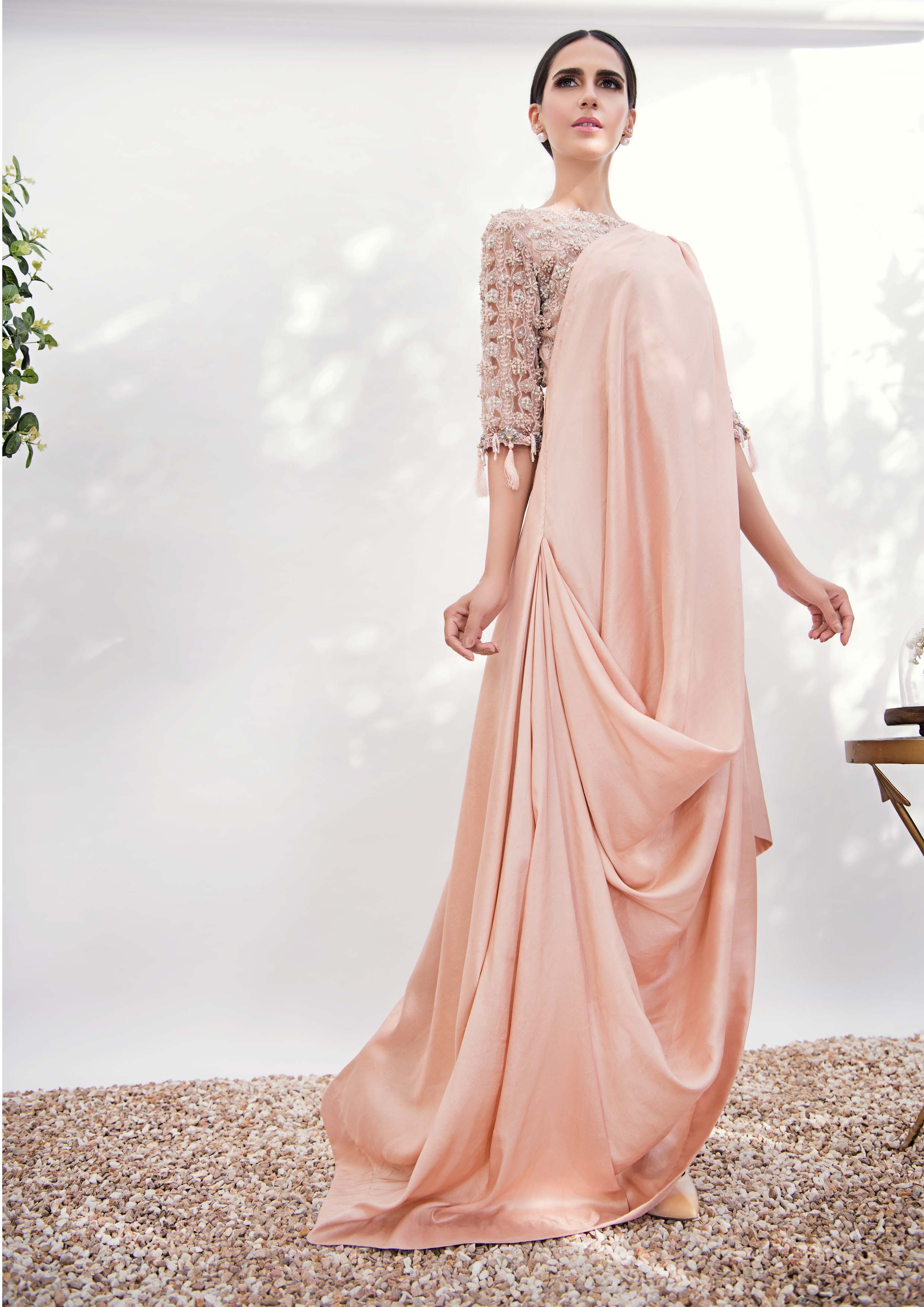 Pakistani Blush Embroidered Raw Silk and Net Drape Gown (1-Pc) - Image 1