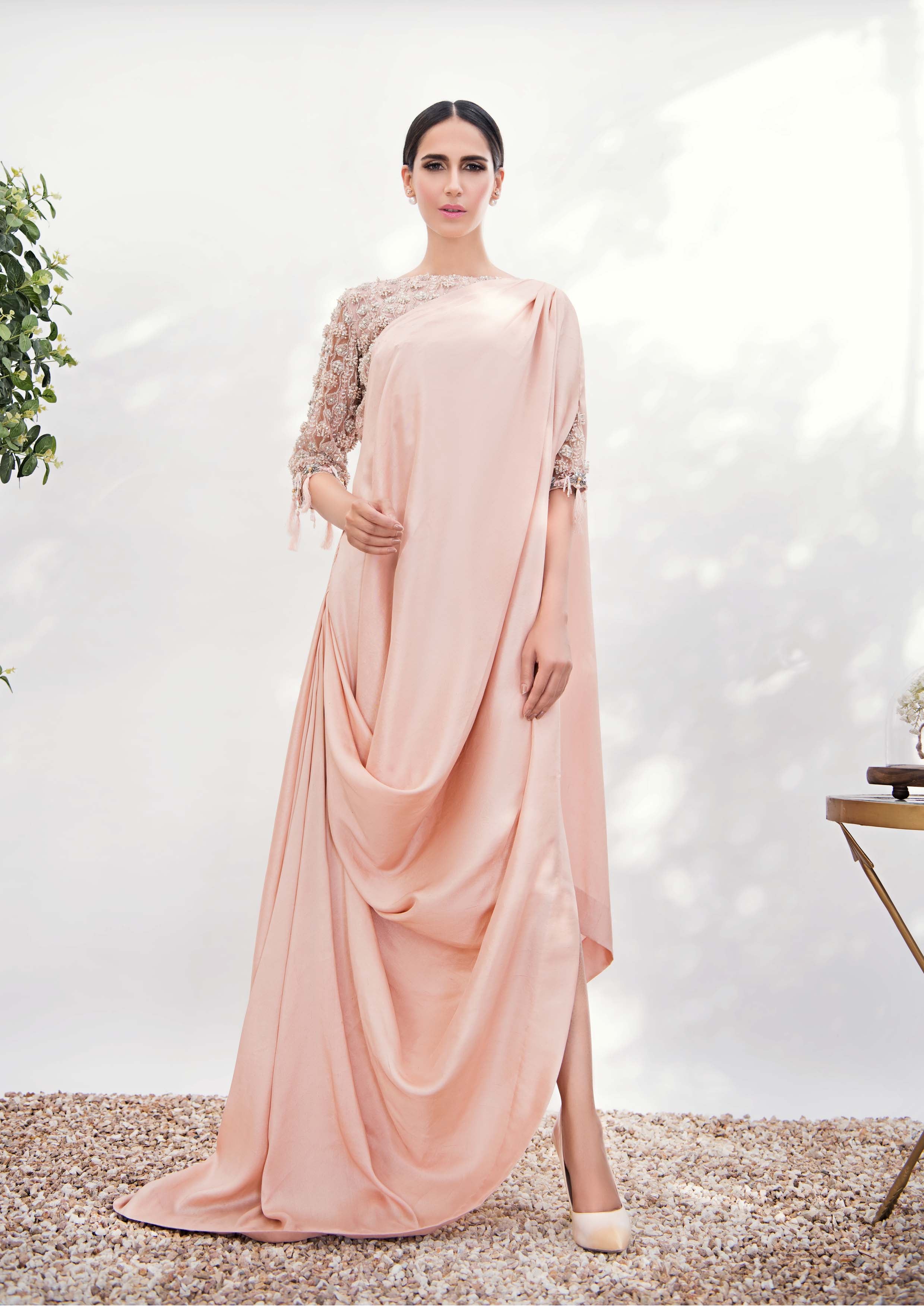 Pakistani Blush Embroidered Raw Silk and Net Drape Gown (1-Pc) - Image 2