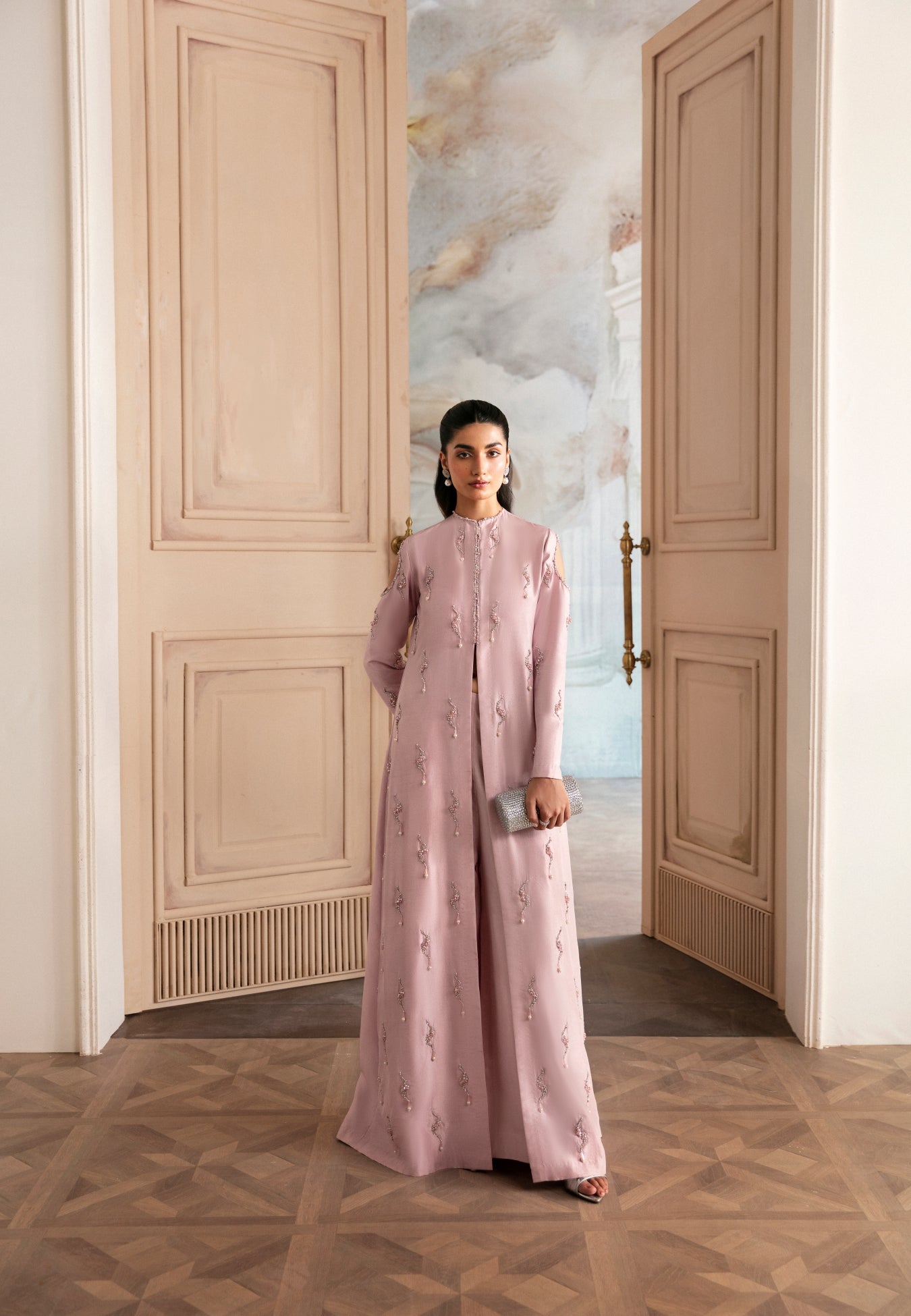 Pakistani Blush Pink Embellished Raw Silk Gown (2-Piece) - Image 1