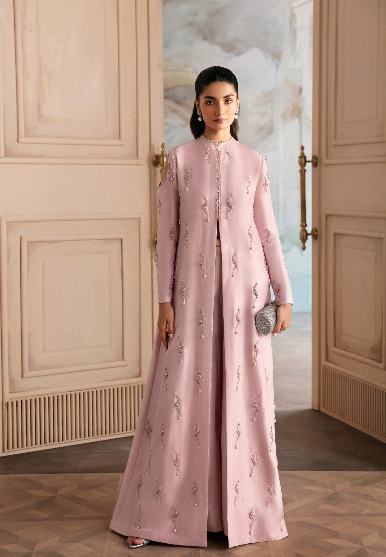 Pakistani Blush Pink Embellished Raw Silk Gown (2-Piece) - Image 2