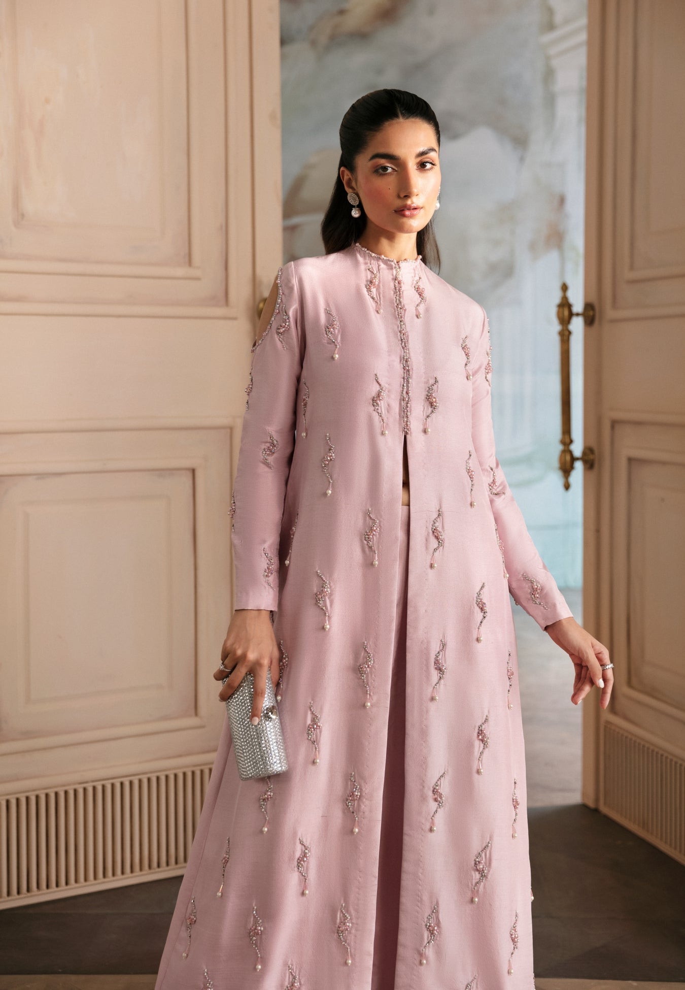 Pakistani Blush Pink Embellished Raw Silk Gown (2-Piece) - Image 3