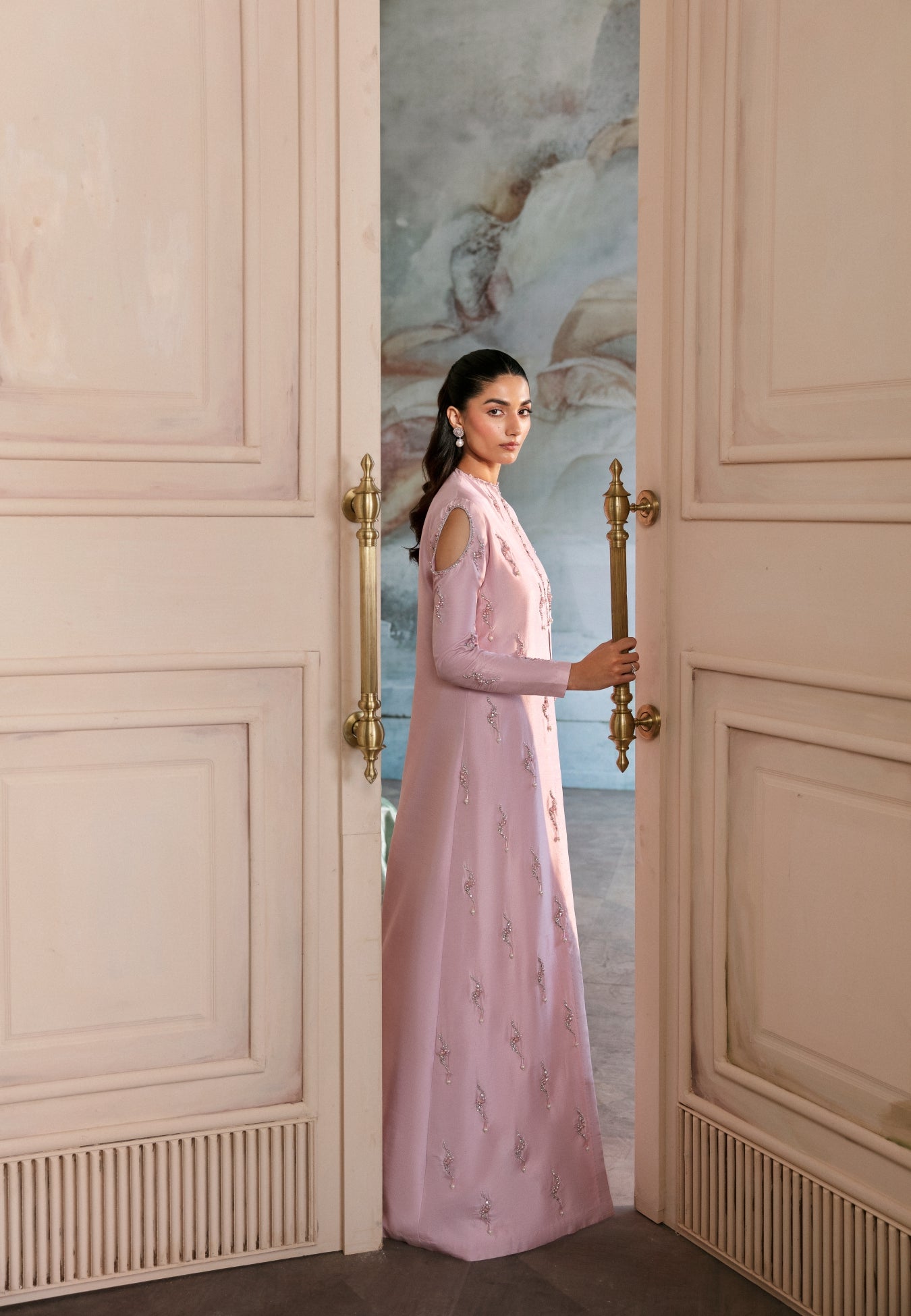 Pakistani Blush Pink Embellished Raw Silk Gown (2-Piece) - Image 4