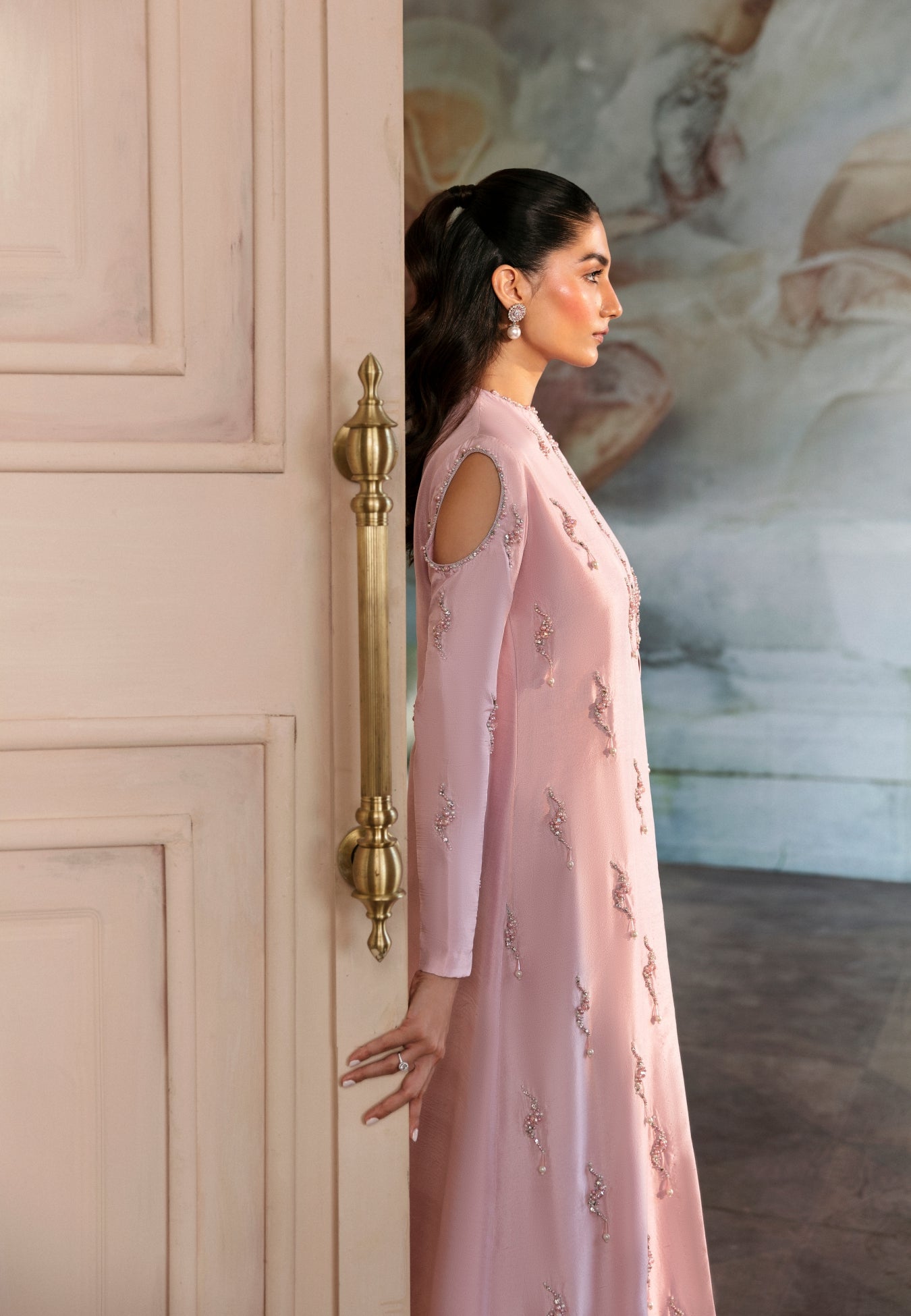 Pakistani Blush Pink Embellished Raw Silk Gown (2-Piece) - Image 7