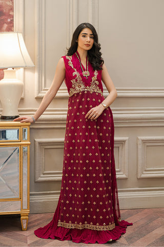 Ruby Pink Dabka Embroidered Net & Raw Silk Gown (1-Pc) - Image 2