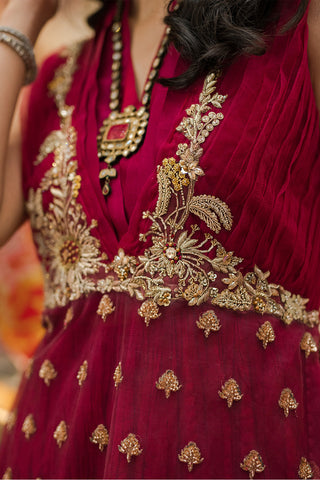 Ruby Pink Dabka Embroidered Net & Raw Silk Gown (1-Pc) - Image 4