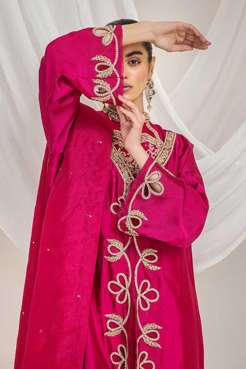 Pakistani Fuchsia Embroidered Raw Silk Long Gown (4-Piece) - Image 1