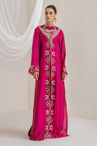 Pakistani Fuchsia Embroidered Raw Silk Long Gown (4-Piece) - Image 3
