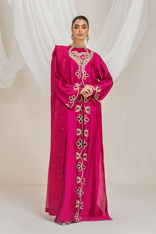 Pakistani Fuchsia Embroidered Raw Silk Long Gown (4-Piece) - Image 4