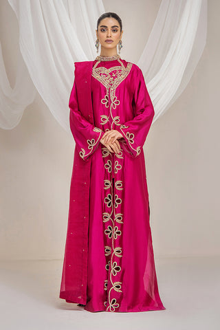 Pakistani Fuchsia Embroidered Raw Silk Long Gown (4-Piece) - Image 5