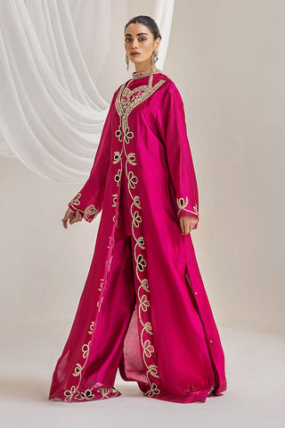 Pakistani Fuchsia Embroidered Raw Silk Long Gown (4-Piece) - Image 6
