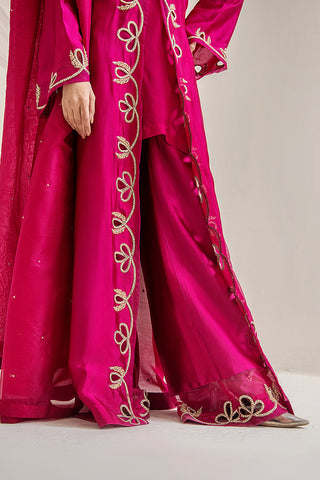 Pakistani Fuchsia Embroidered Raw Silk Long Gown (4-Piece) - Image 7