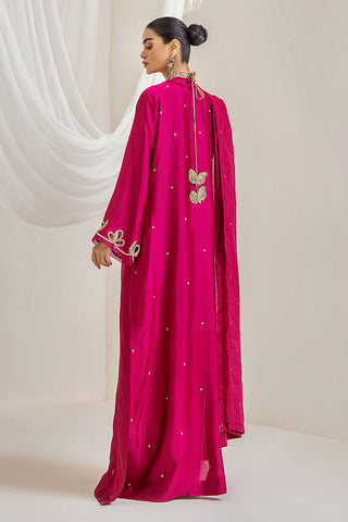 Pakistani Fuchsia Embroidered Raw Silk Long Gown (4-Piece) - Image 8