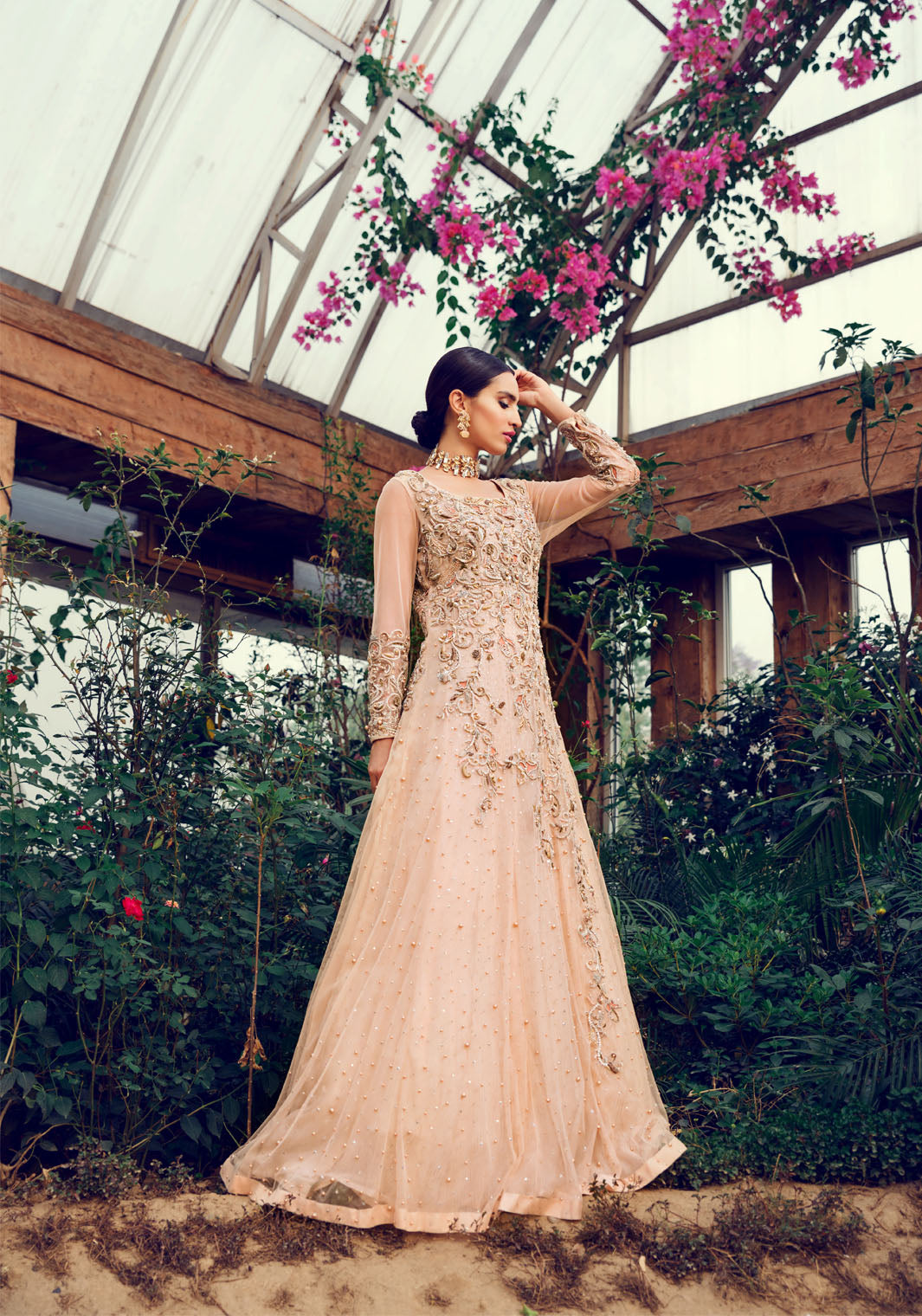 Pakistani Peach Hand-Embellished Raw Silk Gown (2-Piece) - Image 1