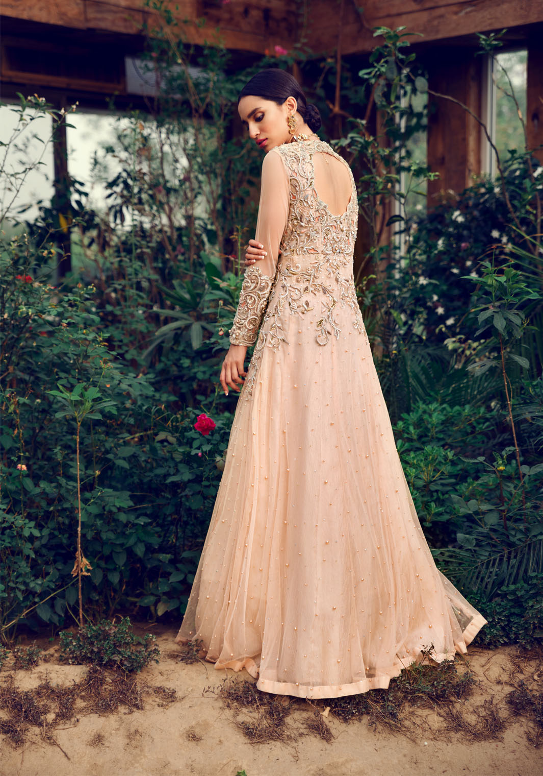 Pakistani Peach Hand-Embellished Raw Silk Gown (2-Piece) - Image 3