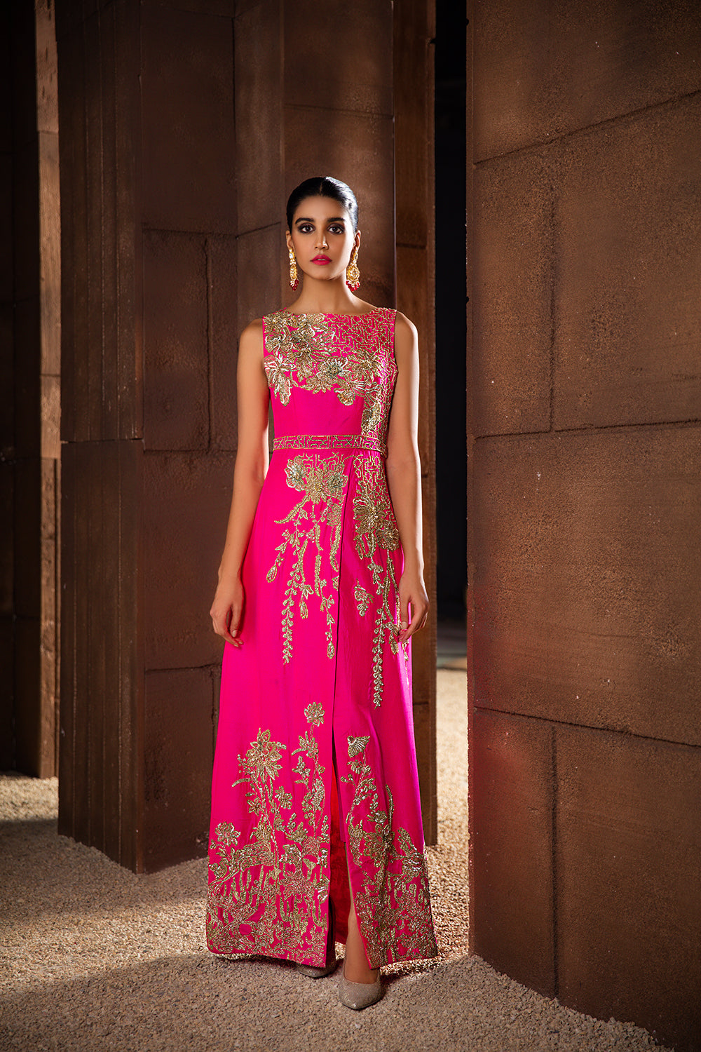 Pakistani Pink Naqshi Embroidered Raw Silk Gown (1-Pc) - Image 1