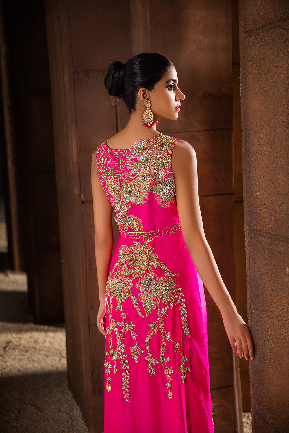 Pakistani Pink Naqshi Embroidered Raw Silk Gown (1-Pc) - Image 2