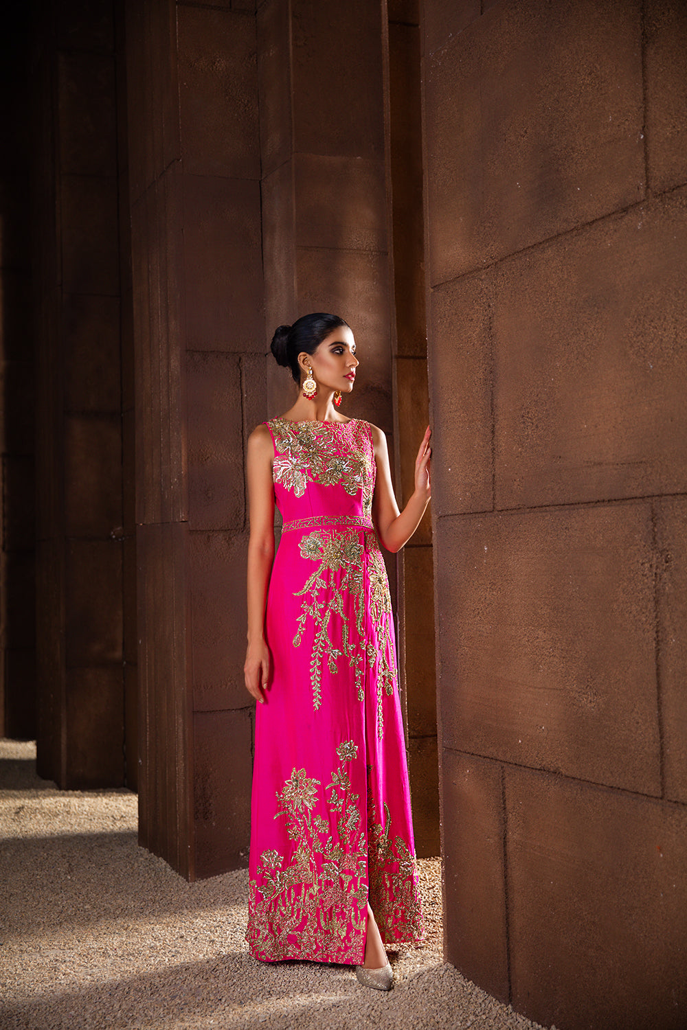 Pakistani Pink Naqshi Embroidered Raw Silk Gown (1-Pc) - Image 3