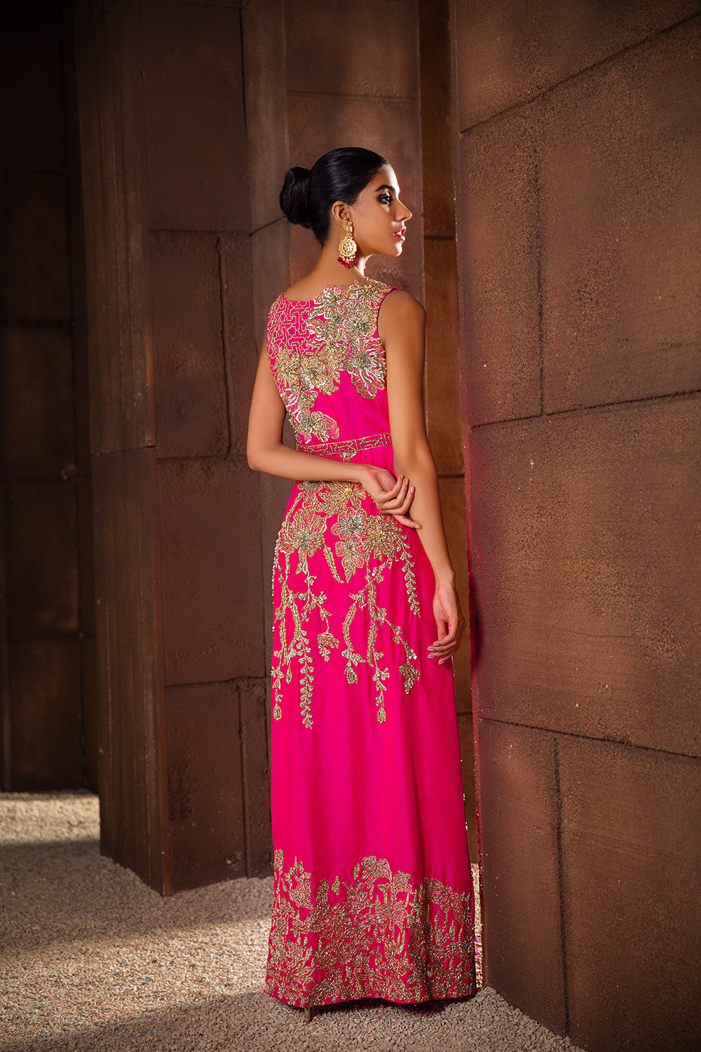 Pakistani Pink Naqshi Embroidered Raw Silk Gown (1-Pc) - Image 4