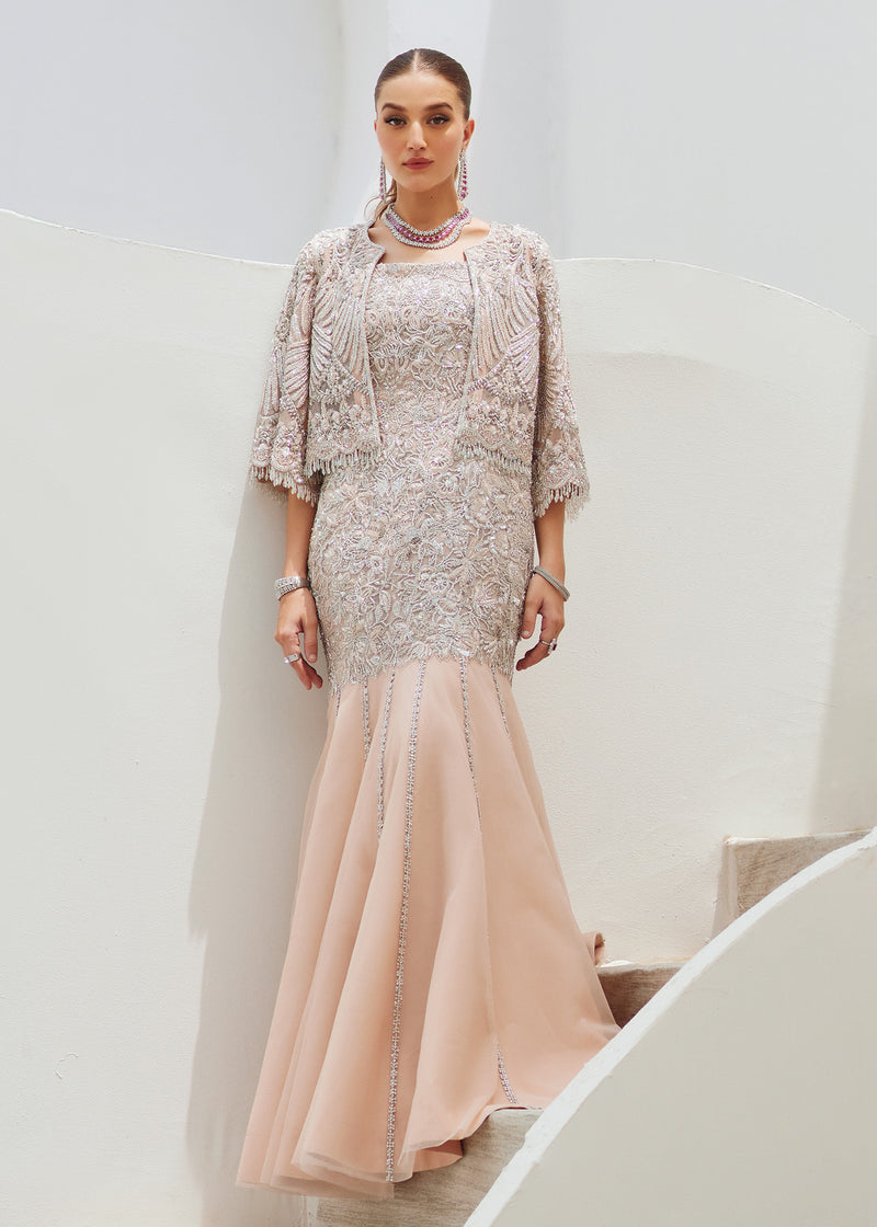 Soft Pink Embroidered Net & Raw Silk Mermaid Gown (2-Piece) - Image 3