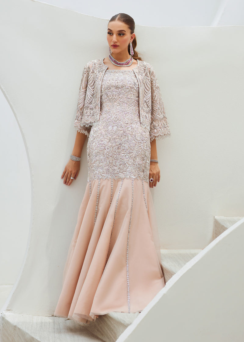 Soft Pink Embroidered Net & Raw Silk Mermaid Gown (2-Piece) - Image 6