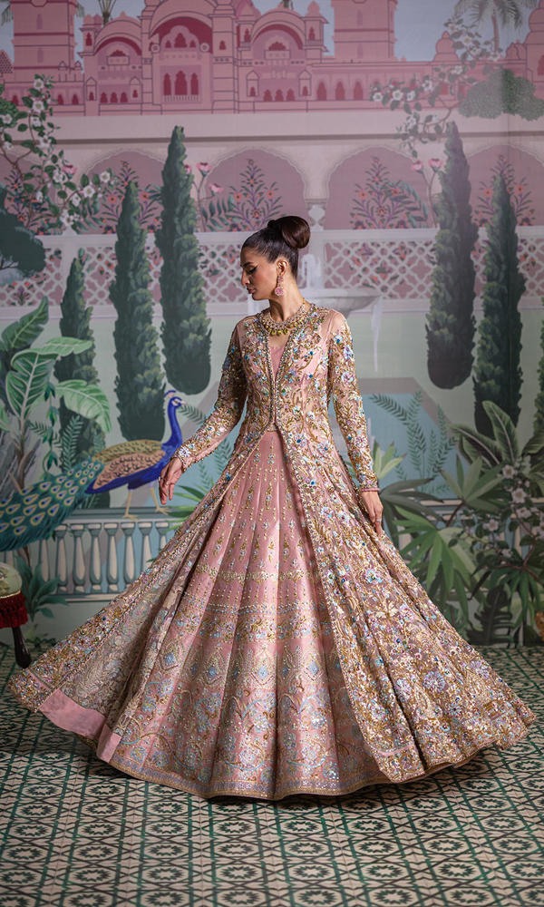 Soft Pink Embellished Net & Raw Silk Bridal Gown (2-Piece) - Image 7