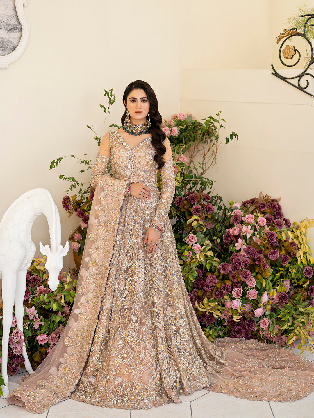 Soft Blush Pink Embroidered Net & Raw Silk Bridal Gown (3-Piece) - Image 1