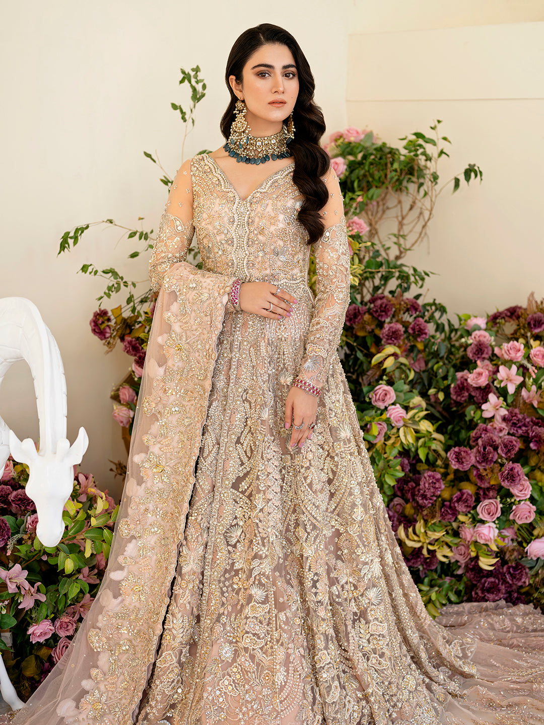 Soft Blush Pink Embroidered Net & Raw Silk Bridal Gown (3-Piece) - Image 2