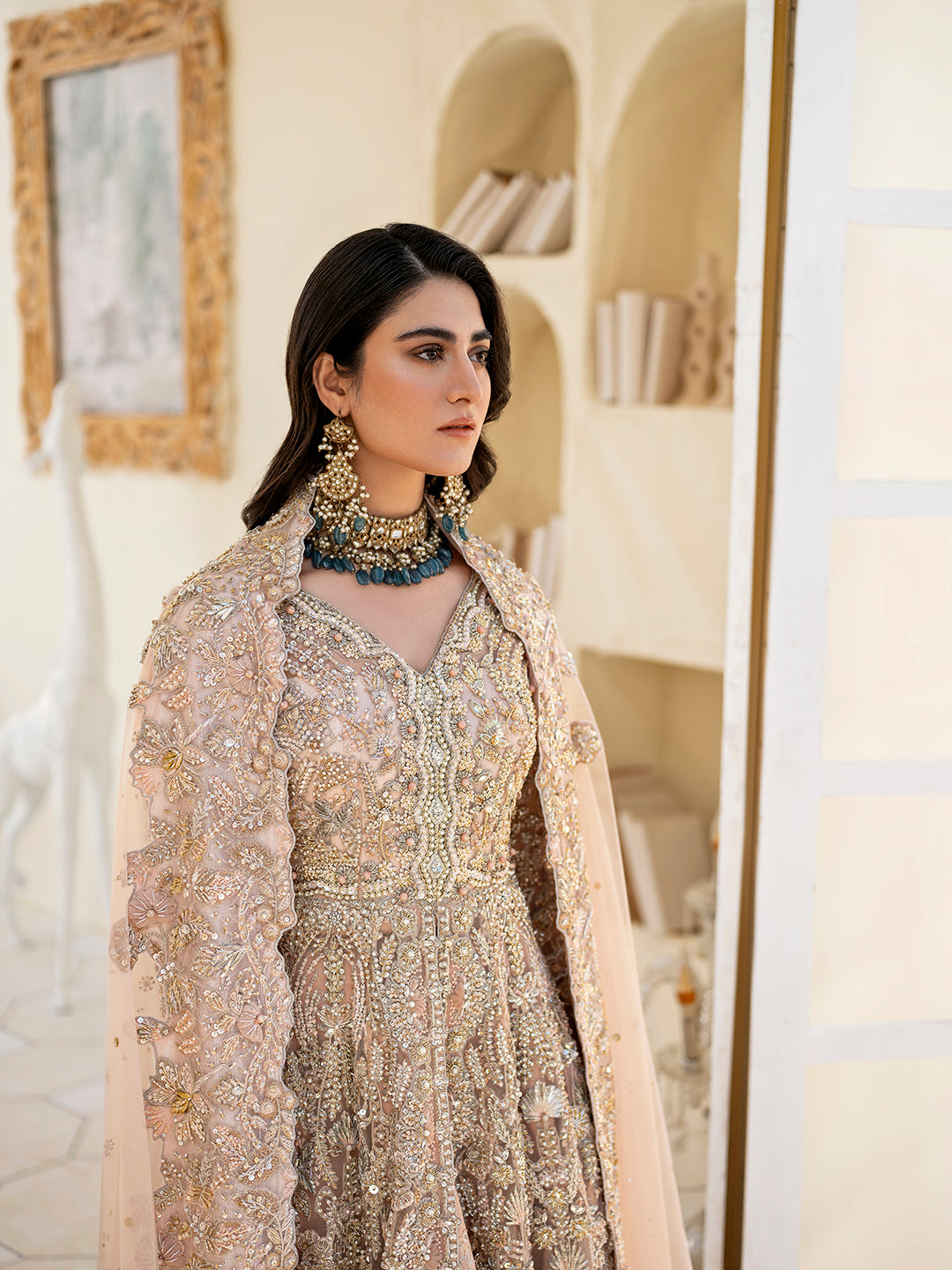 Soft Blush Pink Embroidered Net & Raw Silk Bridal Gown (3-Piece) - Image 4