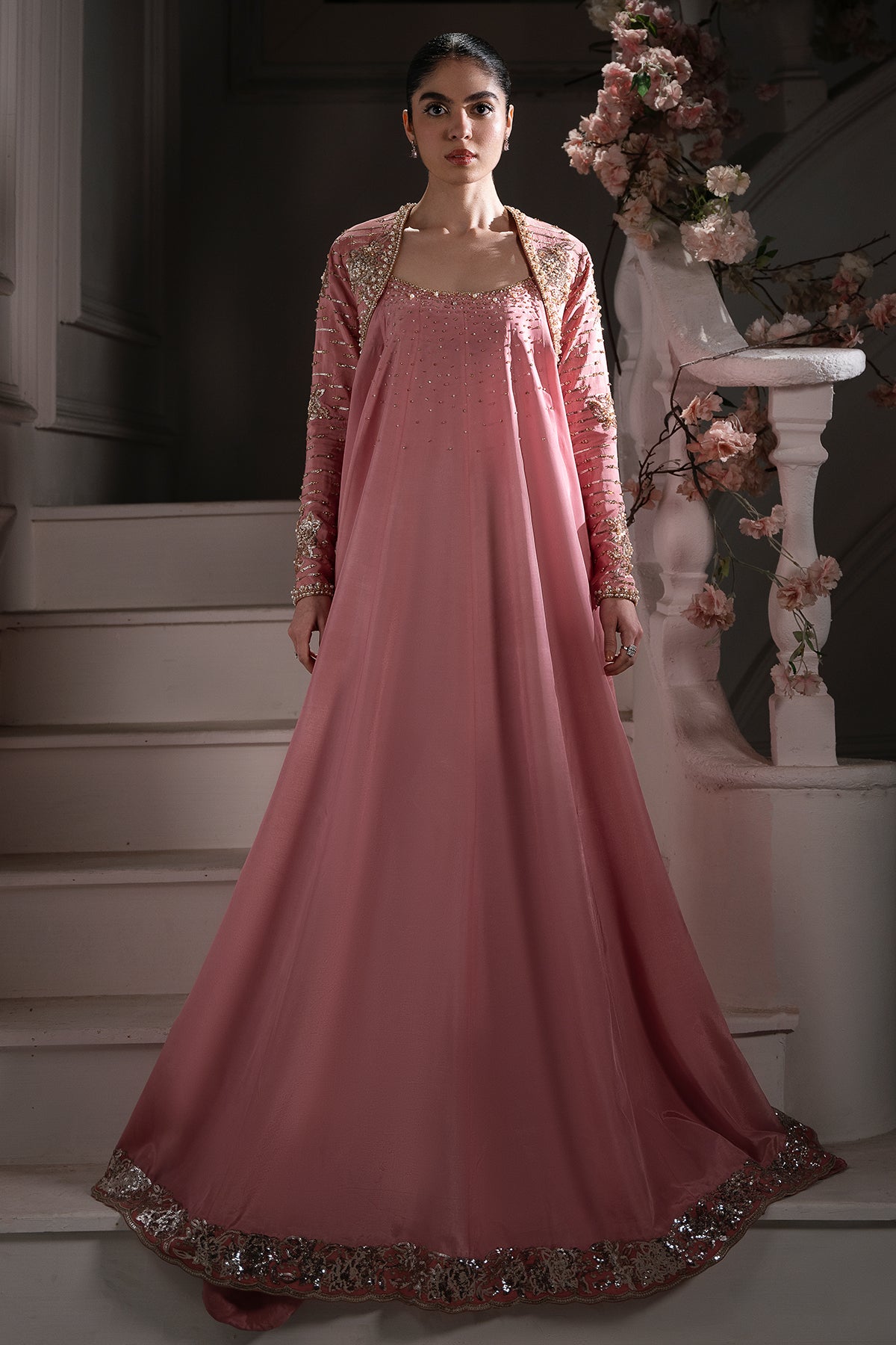 Blush Pink Embroidered Roman Silk Gown (3-Piece) - Image 1