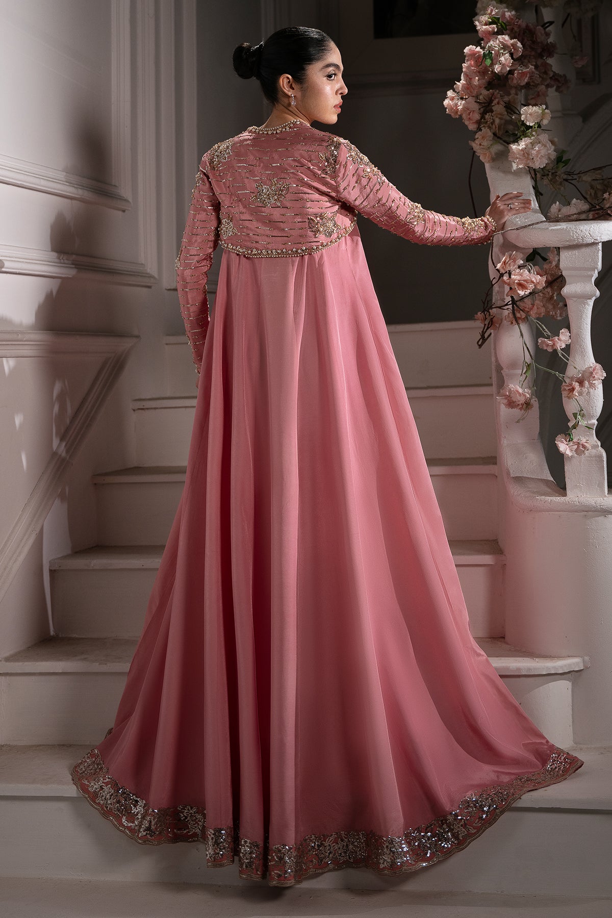 Blush Pink Embroidered Roman Silk Gown (3-Piece) - Image 2