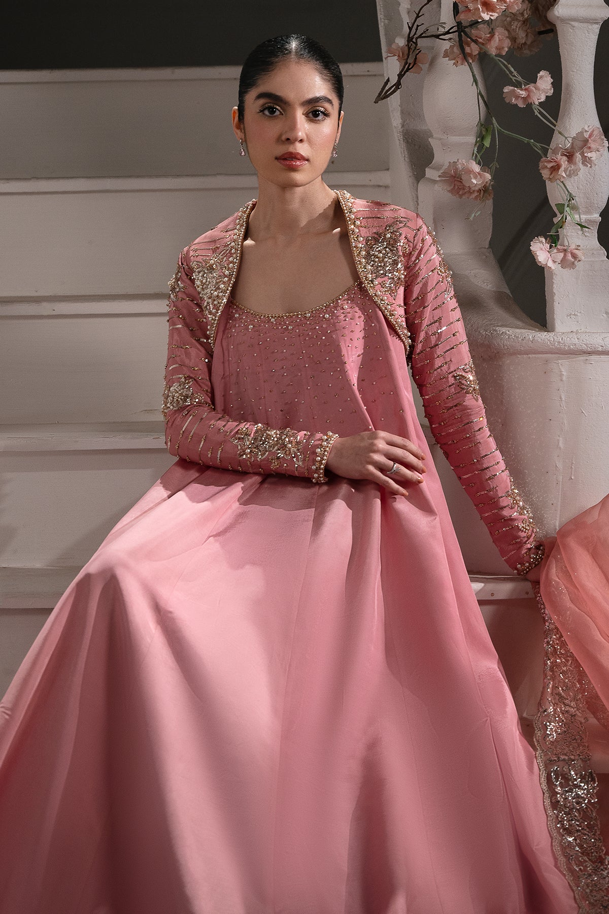 Blush Pink Embroidered Roman Silk Gown (3-Piece) - Image 3