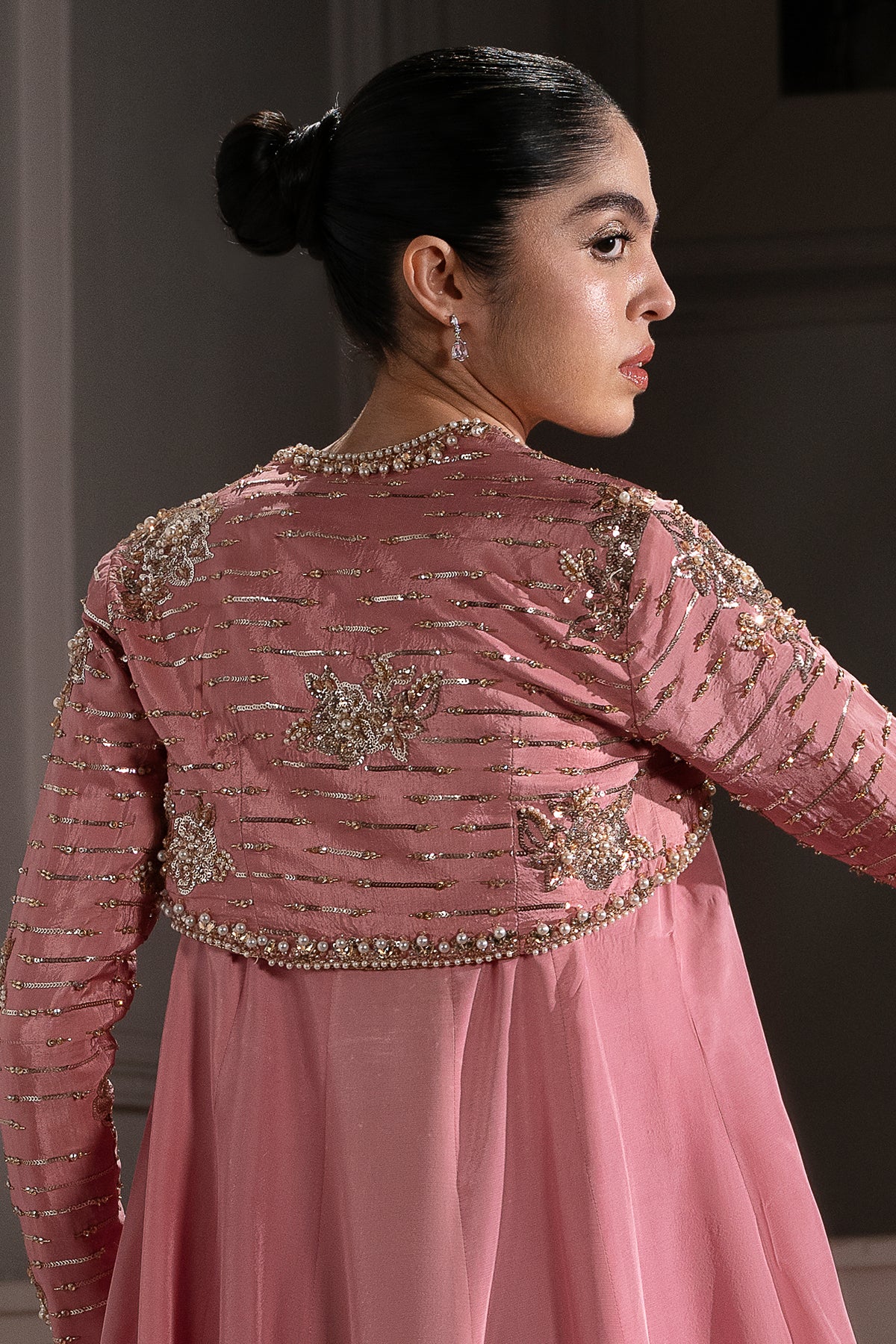 Blush Pink Embroidered Roman Silk Gown (3-Piece) - Image 5