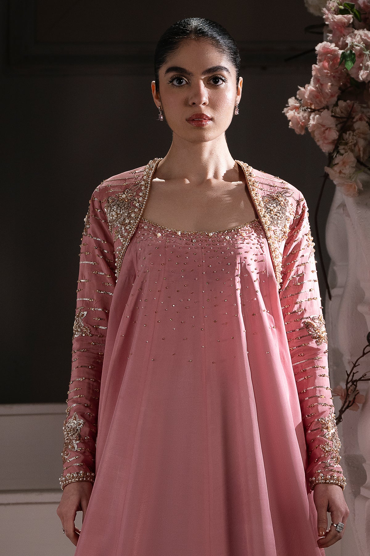 Blush Pink Embroidered Roman Silk Gown (3-Piece) - Image 6