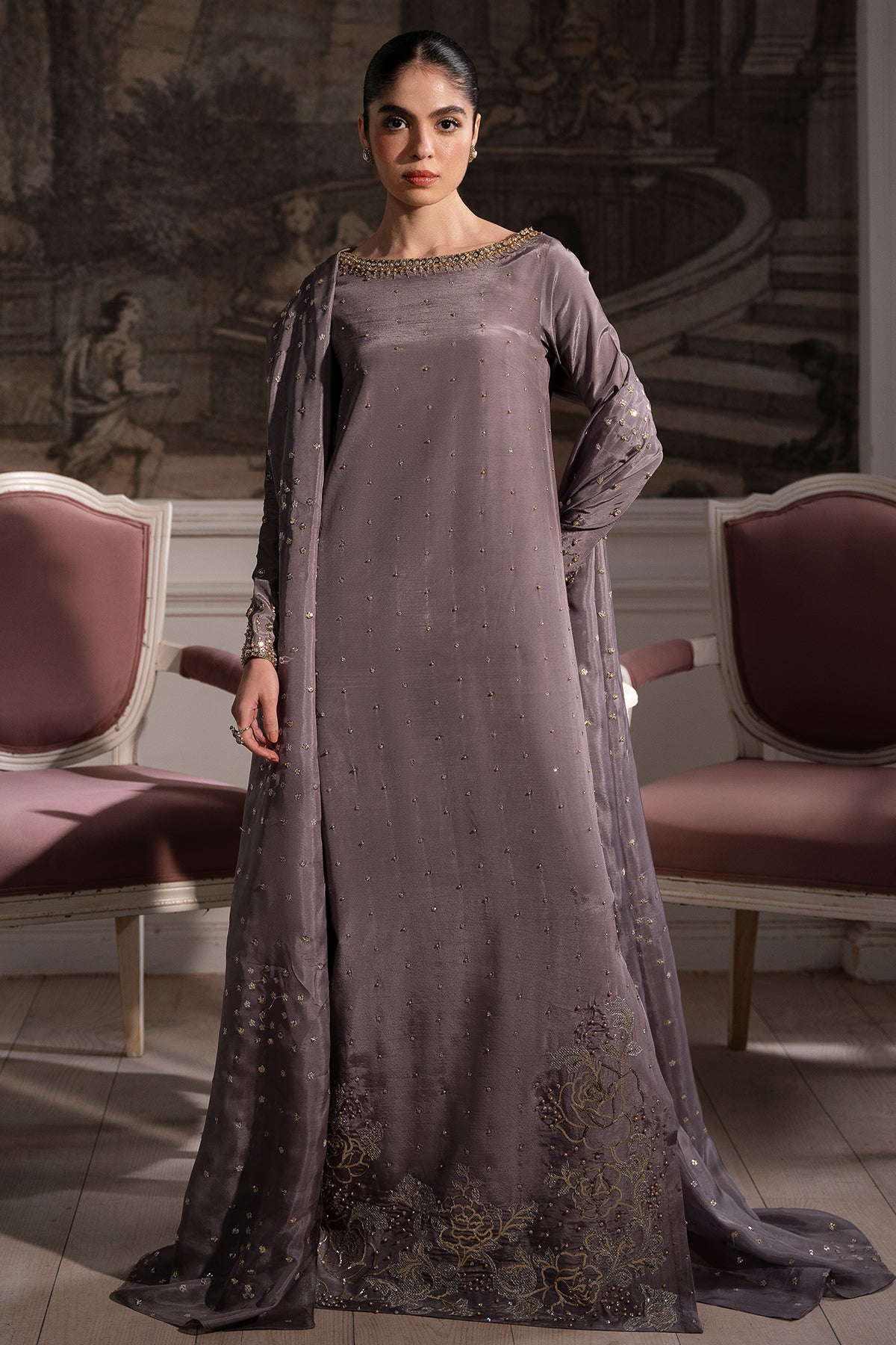 Pakistani Smoky Mauve Embroidered Roman Silk Gown (2-Piece) - Image 1