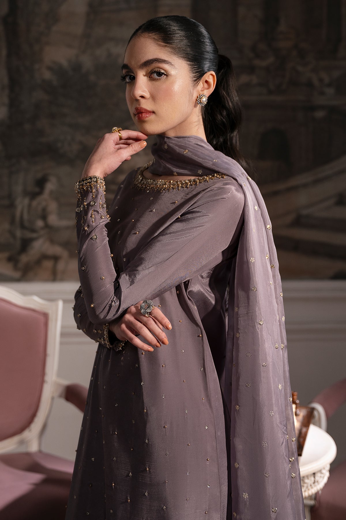 Pakistani Smoky Mauve Embroidered Roman Silk Gown (2-Piece) - Image 2