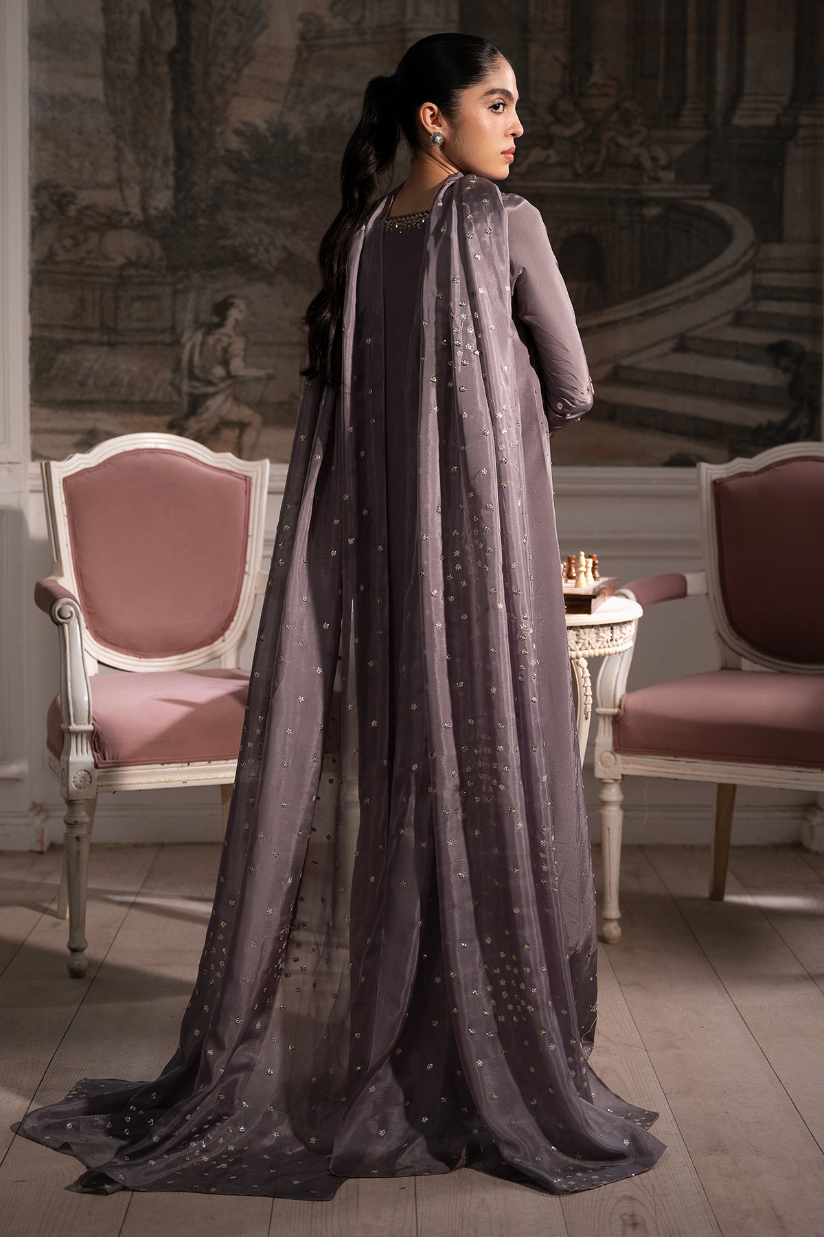 Pakistani Smoky Mauve Embroidered Roman Silk Gown (2-Piece) - Image 4