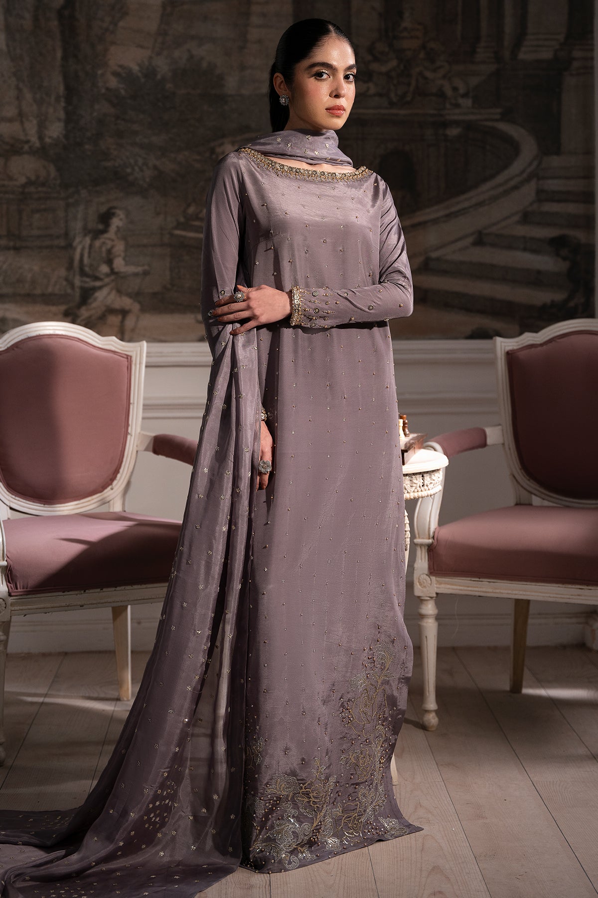 Pakistani Smoky Mauve Embroidered Roman Silk Gown (2-Piece) - Image 5