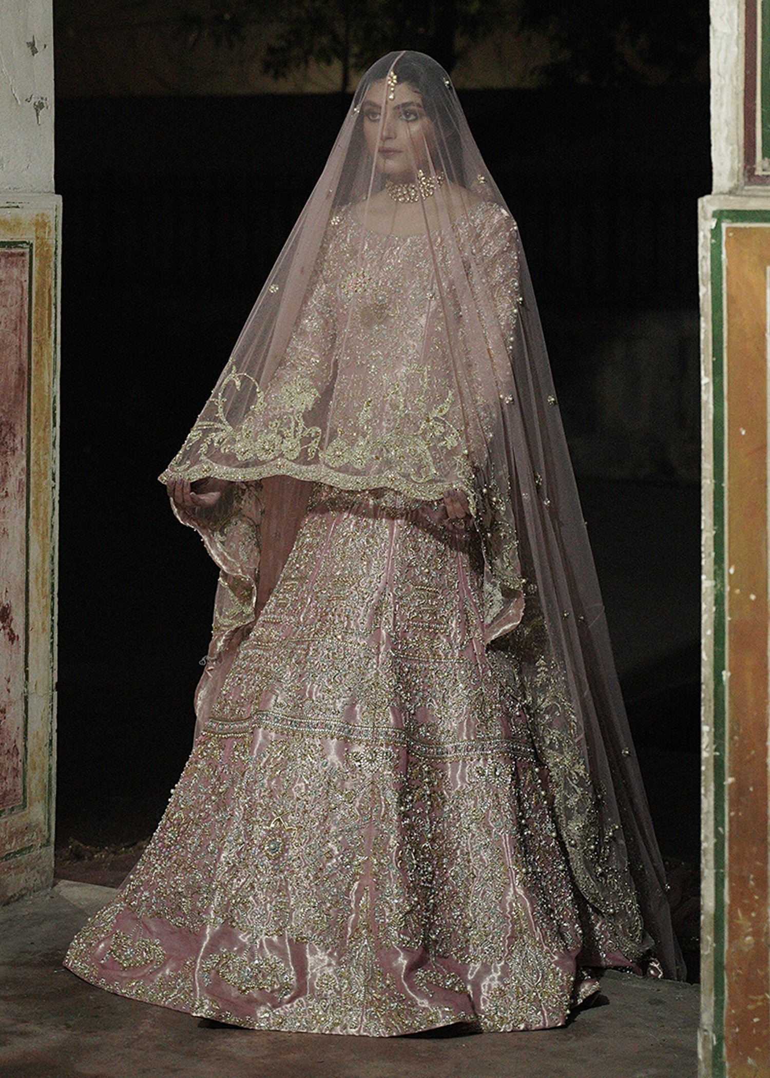 Pakistani Power Pink Kora Dabka Silk-Blend Bridal Gown (2-Piece) - Image 1