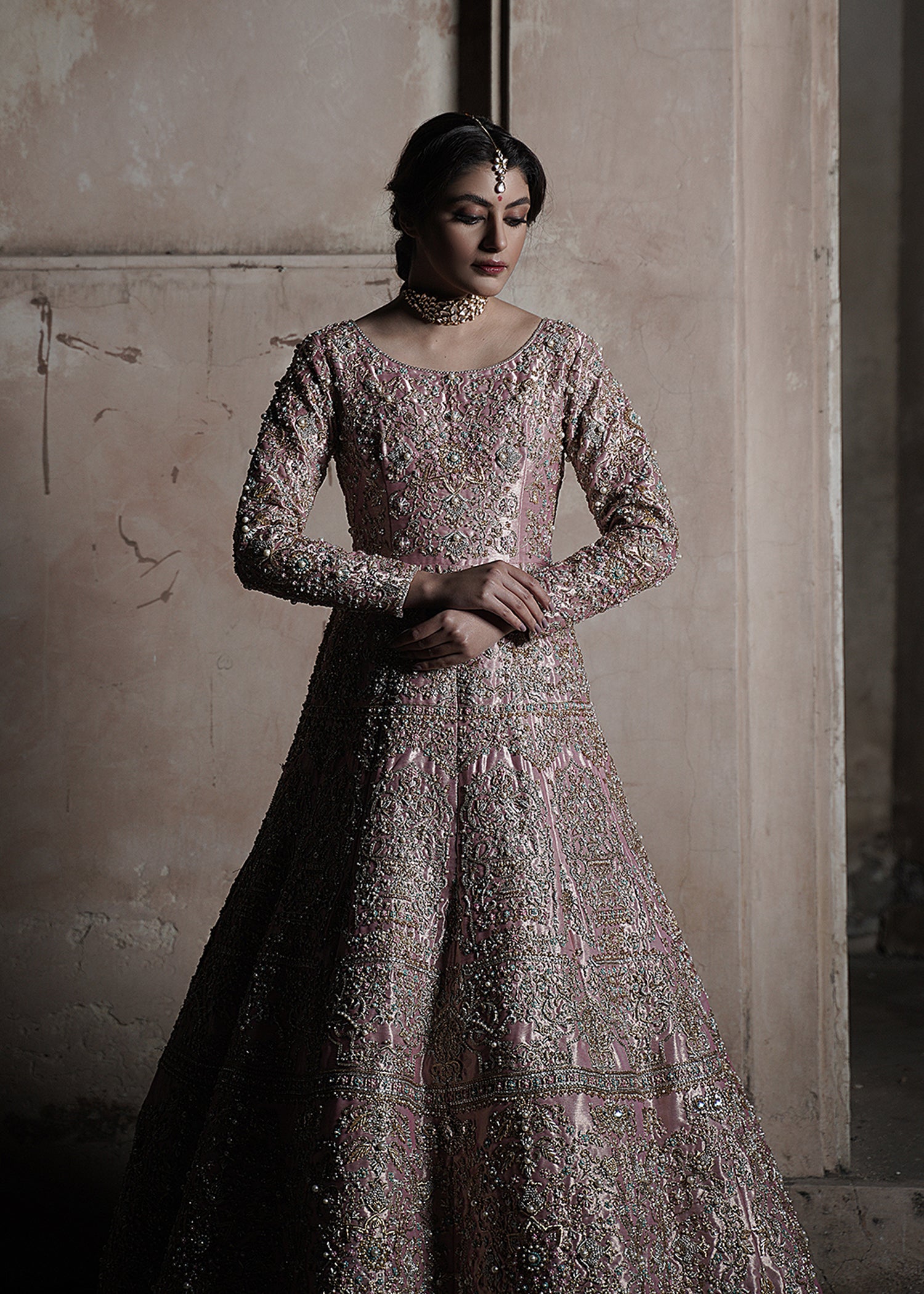 Pakistani Power Pink Kora Dabka Silk-Blend Bridal Gown (2-Piece) - Image 3