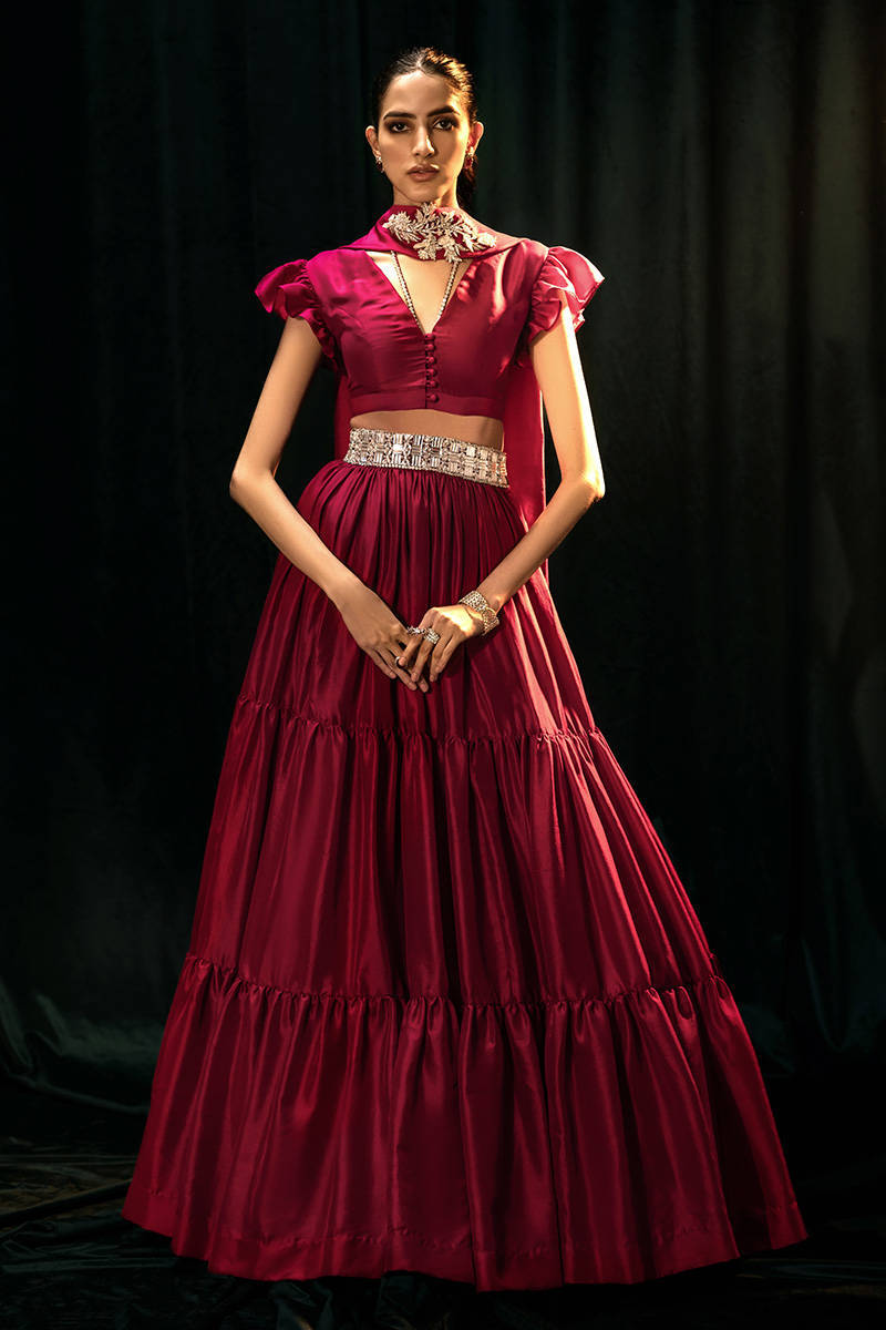 Pakistani Cherry Pink Embellished Satin Gown (2-Piece) - Image 1