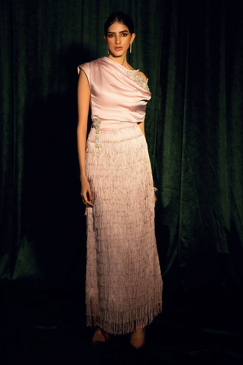 Pakistani Powder Pink Embellished Satin Silk Gown (1-Pc) - Image 1